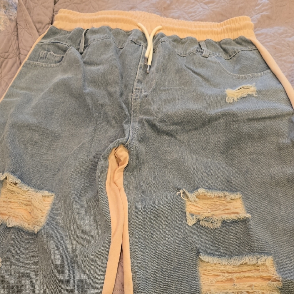 Distressed Denim Joggers with Cream Accents